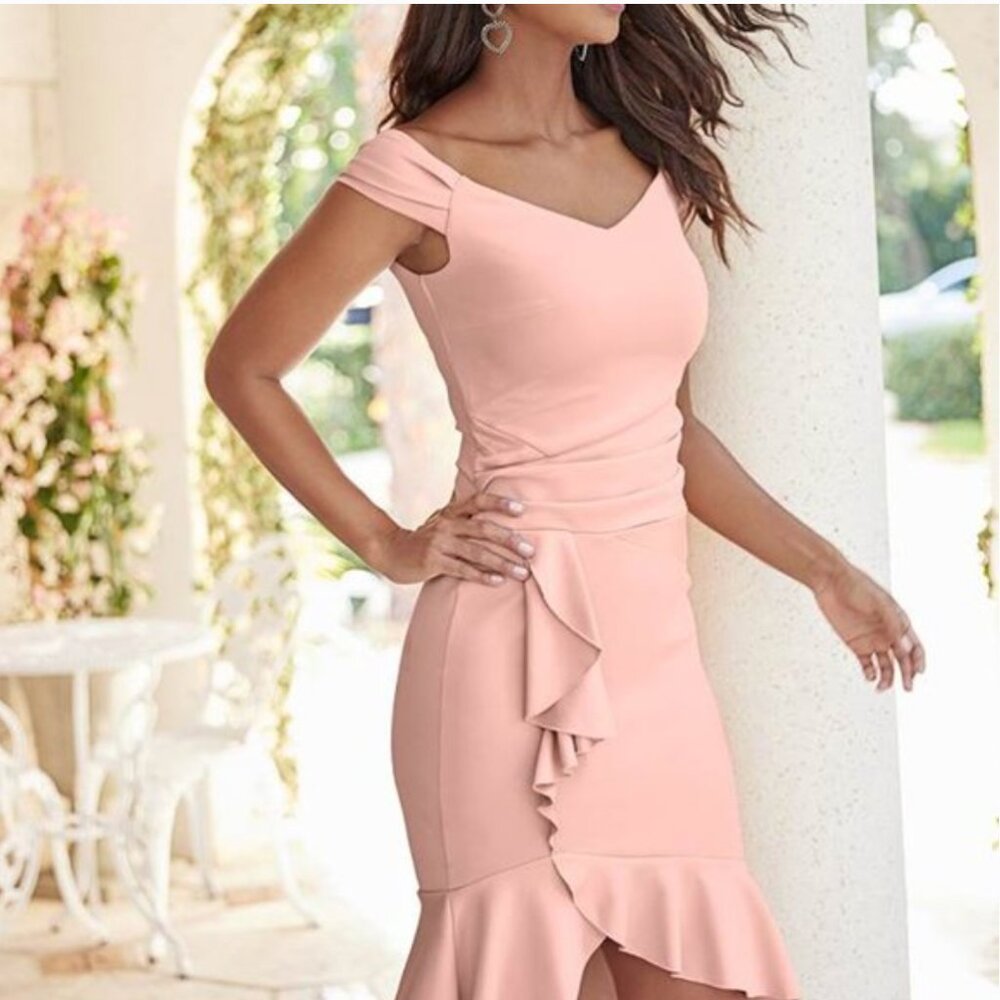 VENUS Blush Pink Off-Shoulder Ruffle Sheath Dress